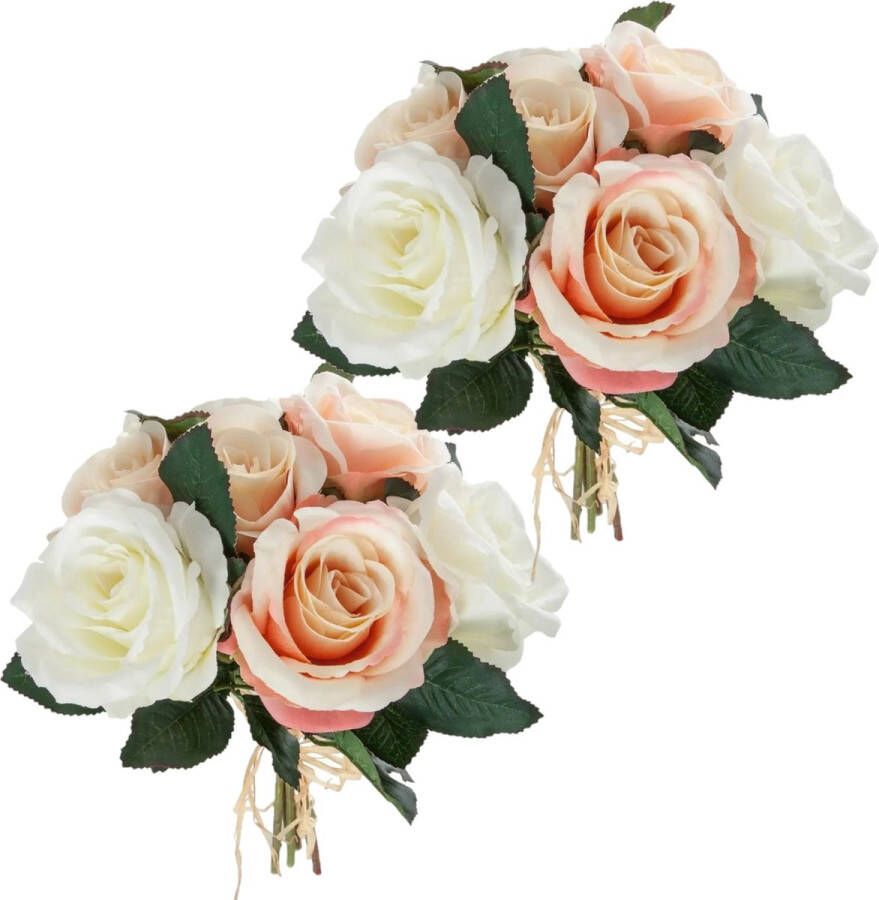 Atmosphera kunstbloemen 2 boeketten 7 roze witte rozen 30 cm