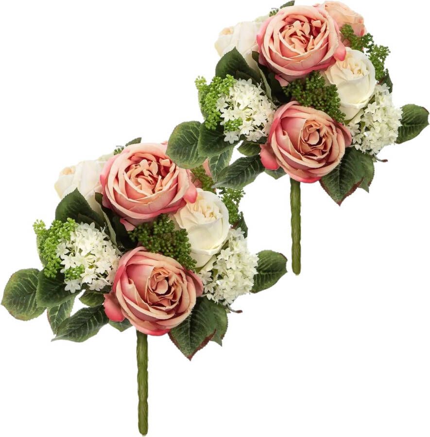 Atmosphera kunstbloemen 2x boeketten wit roze rozen 35 cm
