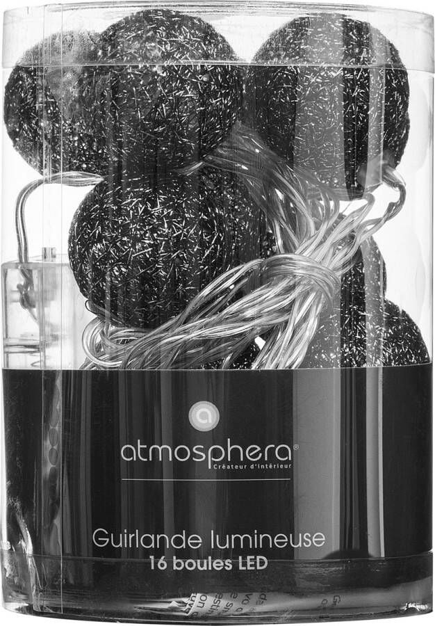 Atmosphera Lichtslinger 16 verlichte balletjes 35 mm zwart 255 cm batterijen Lichtsnoeren