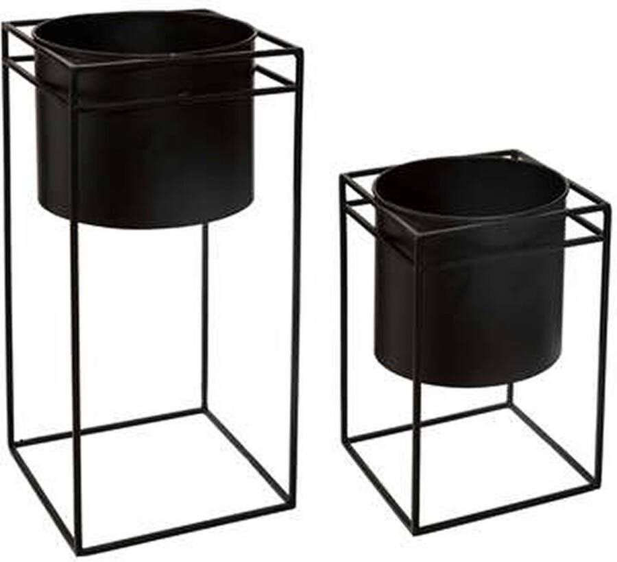 Atmosphera Plantenpotten 2x Op Metalen Standaard Zwart D16 X H25 d18 En H40 Cm Plantenpotten