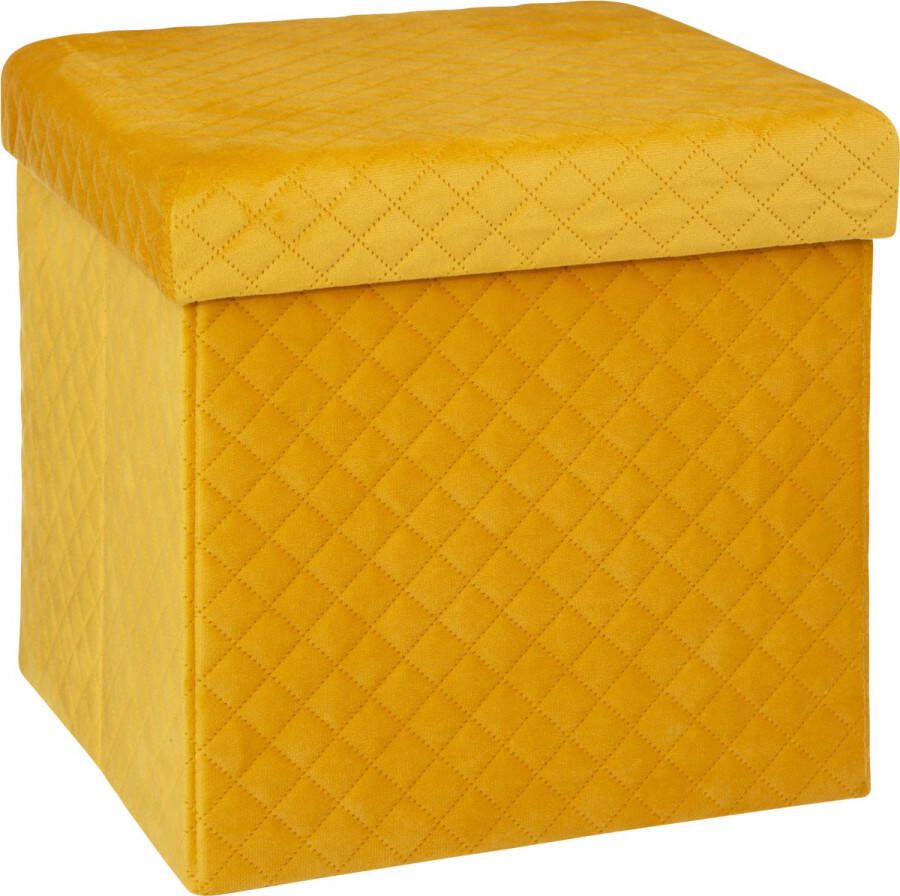 Atmosphera Poef hocker voetenbankje opbergbox fluweel geel PO MDF 31 x 31 x 31 cm Poefs