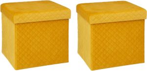 Atmosphera Poef hocker voetenbankje 2x opbergbox fluweel geel PU MDF 31 x 31 x 31 cm opvouwbaar