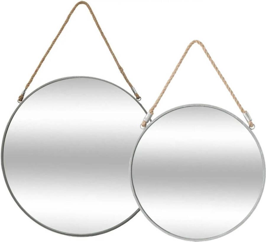 Atmosphera Set van 2x spiegels wandspiegels rond metaal grijs met touw Woondecoratie accessoires