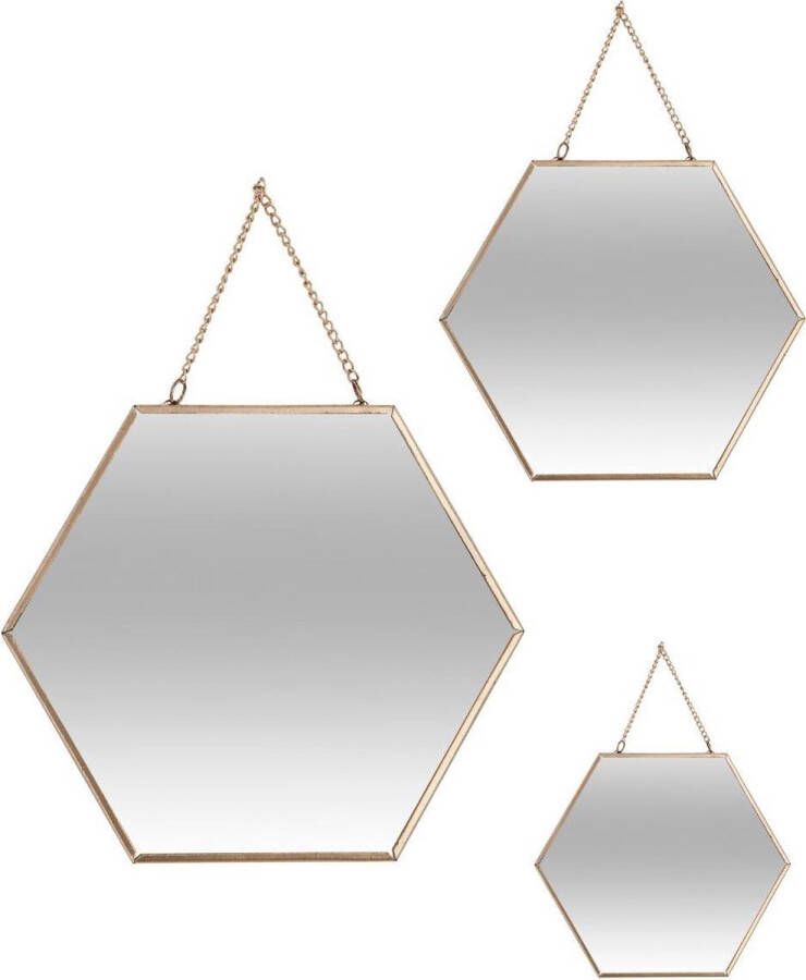 Atmosphera Set van 3 Spiegels met Ophangketting Wandspiegel Zeshoekig Goud