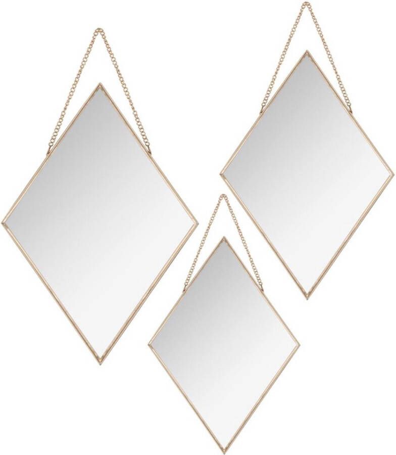Atmosphera Set van 3x spiegels wandspiegels ruit metaal goud met ketting Woondecoratie accessoires