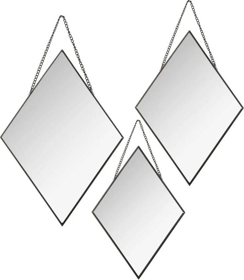 Atmosphera Set van 3x spiegels wandspiegels ruit metaal zwart met ketting Woondecoratie accessoires