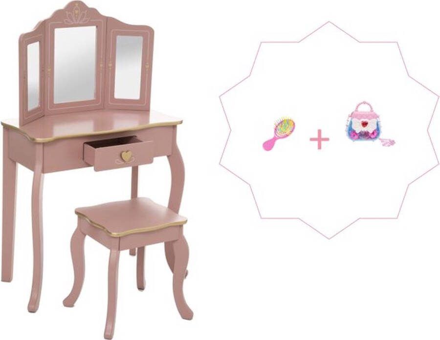 Atmosphera Sisi Kaptafel met accesoires tafel hartje met krukje roze met gouden afwerking borstel en sierraaddoosje