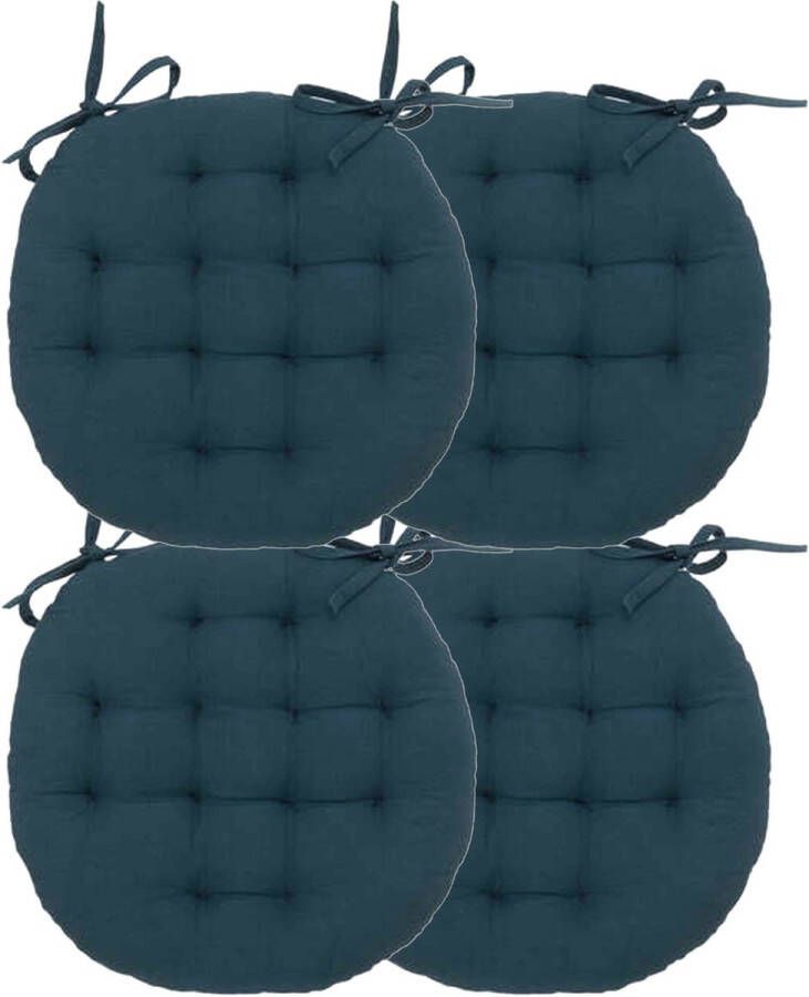 Atmosphera Tuinstoelkussen 4x donkerblauw katoen 38 x 38 x 6.5 cm wicker zitkussen rond