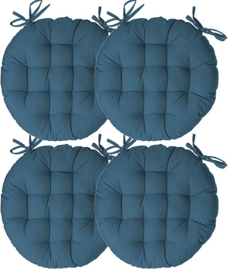 Atmosphera Tuinstoelkussen 4x jeans blauw katoen 38 x 38 x 6.5 cm wicker zitkussen rond