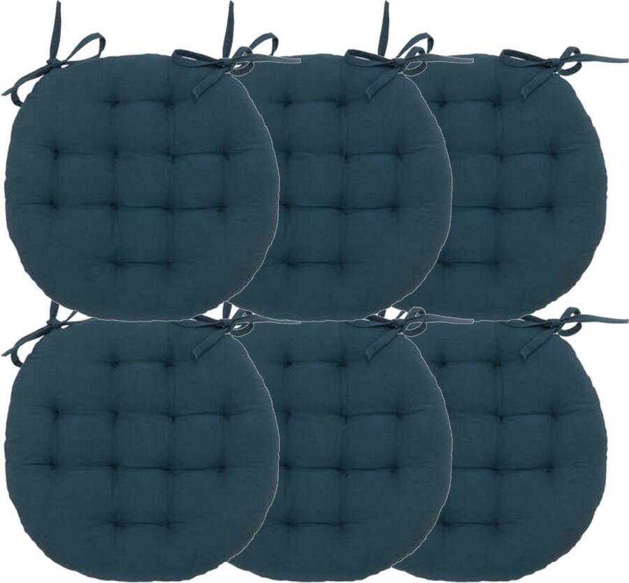 Atmosphera Tuinstoelkussen 6x donkerblauw katoen 38 x 38 x 6.5 cm wicker zitkussen rond