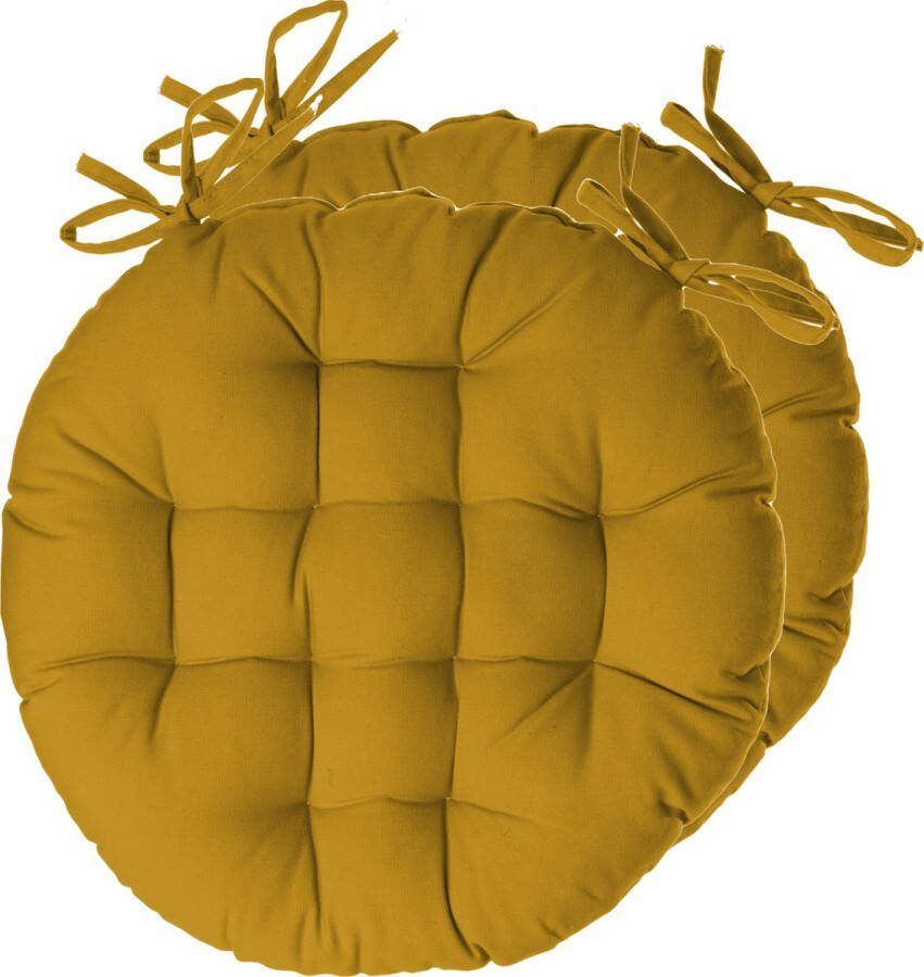 Atmosphera Tuinstoelkussens 2x okergeel katoen 38 x 38 x 6.5 cm wicker zitkussen rond