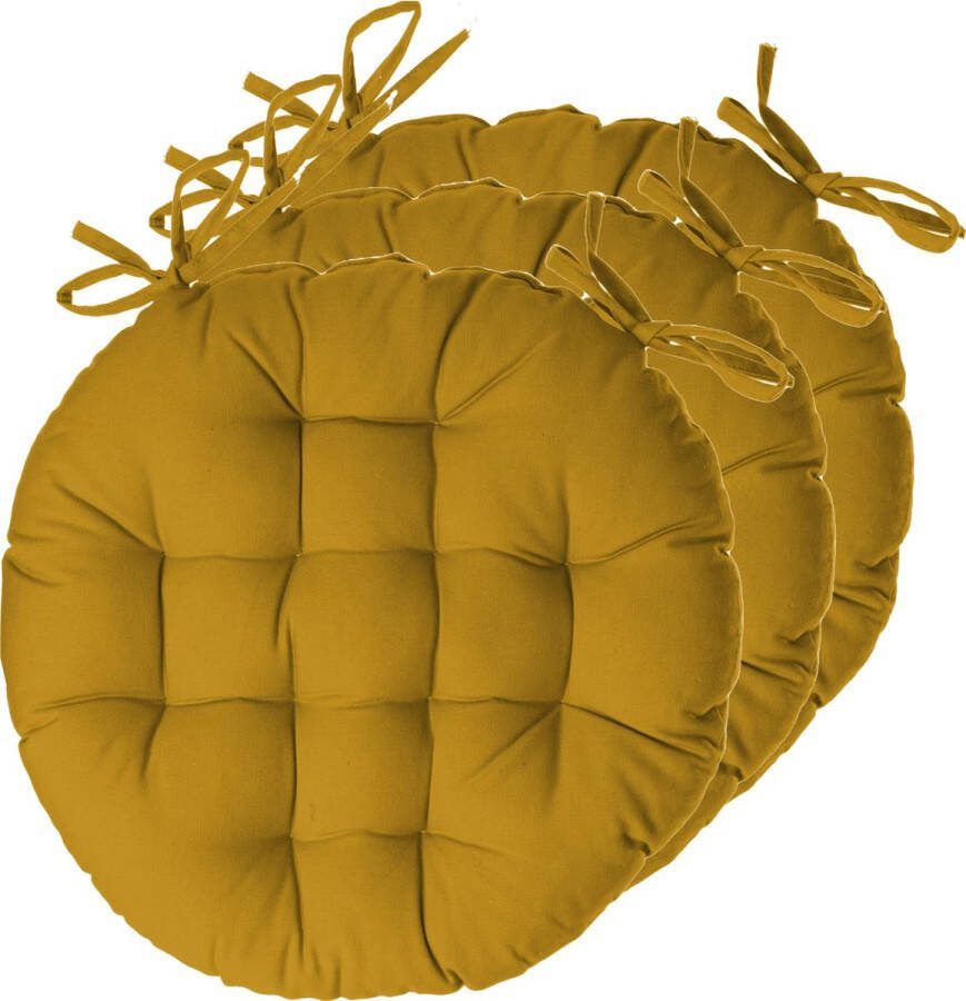 Atmosphera Tuinstoelkussens 6x okergeel katoen 38 x 38 x 6.5 cm wicker zitkussen rond