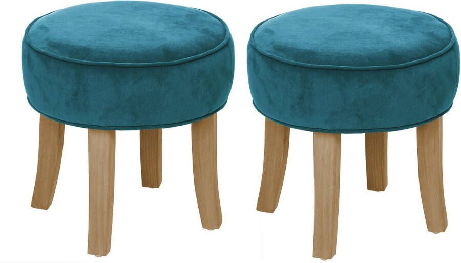 Atmosphera Zit krukje bijzet stoel 2x hout stof blauw fluweel D35 x H40 cm Krukjes