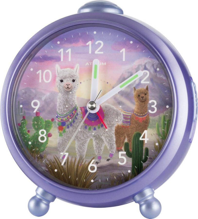 Atrium Wekker Kinderen Meisjes Alpaca's Lila Zonder tikgeluid Snooze Licht wijzerplaatverlichting Glow in the dark wijzers Grote knoppen A932-8