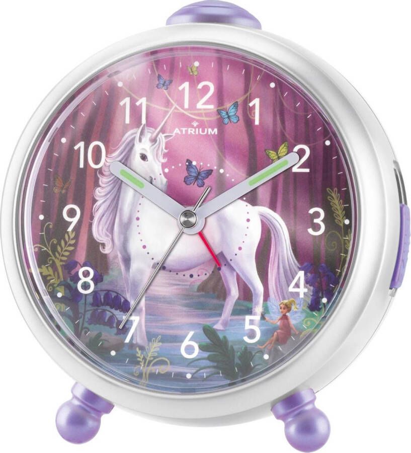 Atrium Wekker Kinderen Meisjes Kinderwekker Unicorn Eenhoorn -Paars Wit Zonder tikgeluid Snooze Licht wijzerplaatverlichting Glow in the dark wijzers Grote knoppen A932-0