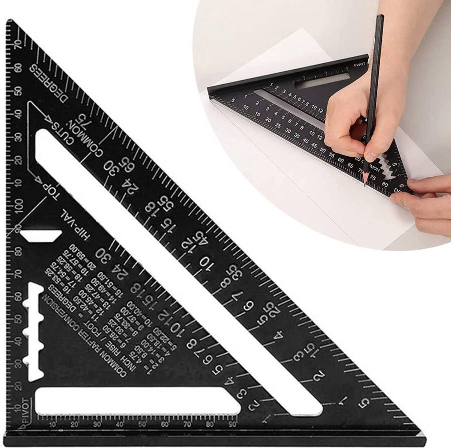 Auctic Winkelhaak Blokhaak Speed Square Metrisch 5-in-1 Meetdriehoek Aluminium Zwart