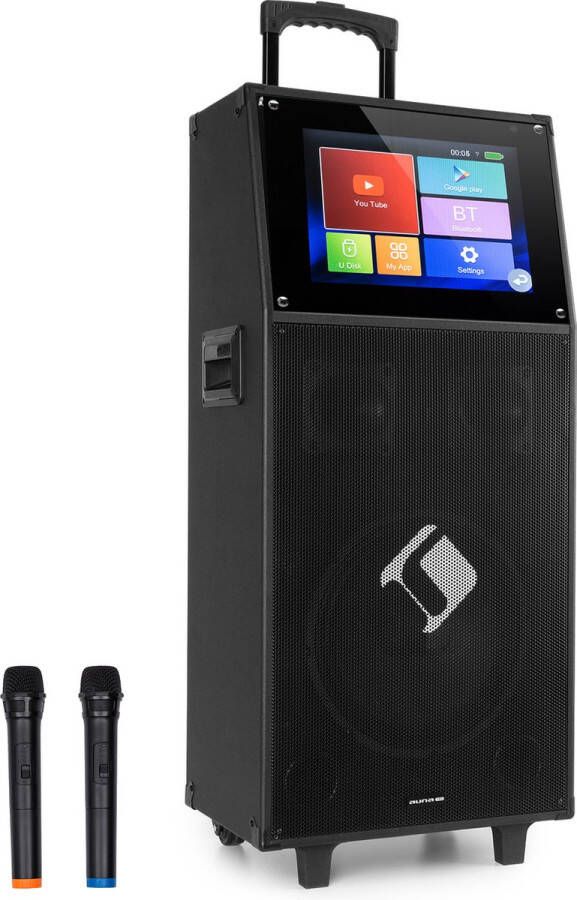 Auna Ktv M Karaokesysteem 12 1 (30 5 Cm) Touch Display Wifi 2 Uhf Microfoons Bluetooth USB Poort Sd & Micro-Sd HDMI Aux 10 (25 5 Cm) Subwoofer 3 (7 5 Cm) Tweeter 12 V 4.5 Mah Accu Zwart