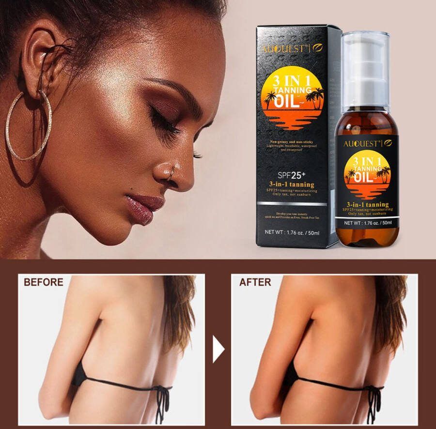 AuQuest 3-in-1 Tanning Oil Zonnebrand Olie SPF 25 met Bronzer en Hydraterend Glowing Skin Gezicht en Lichaam Bronzer