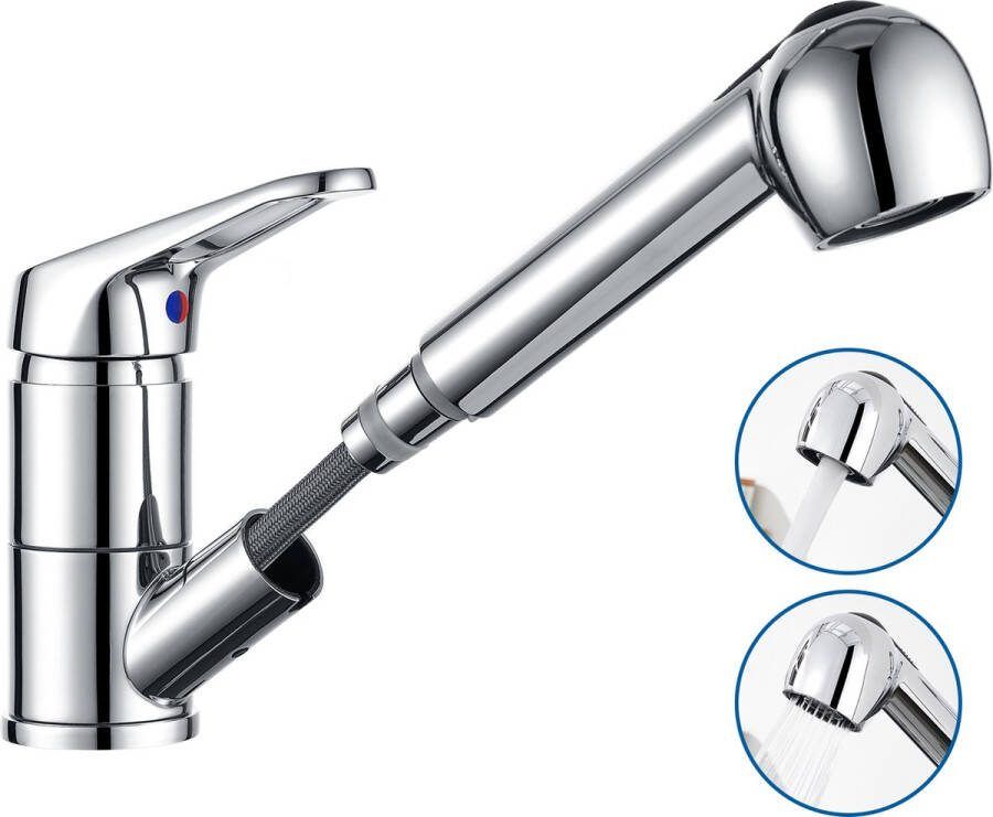 Auralum max keukenkraan Met Uittrekbare Uitloop Chroom Handdouche Mengkraan -2 straalsoorten 360° Draaibaar RVS Zilver