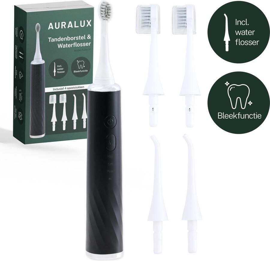 AuraLux Elektrische Tandenborstel met Waterflosser Sonische Tandenborstel 3 Poets Opties 2 Opzetstukken Voor Jong & Oud Zwart