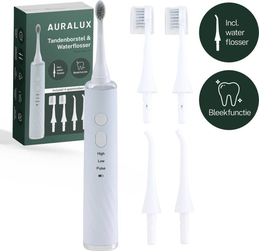 AuraLux Elektrische Tandenborstel met Waterflosser Sonische Tandenborstel 3 Poets Opties 2 Opzetstukken Voor Jong & Oud Wit