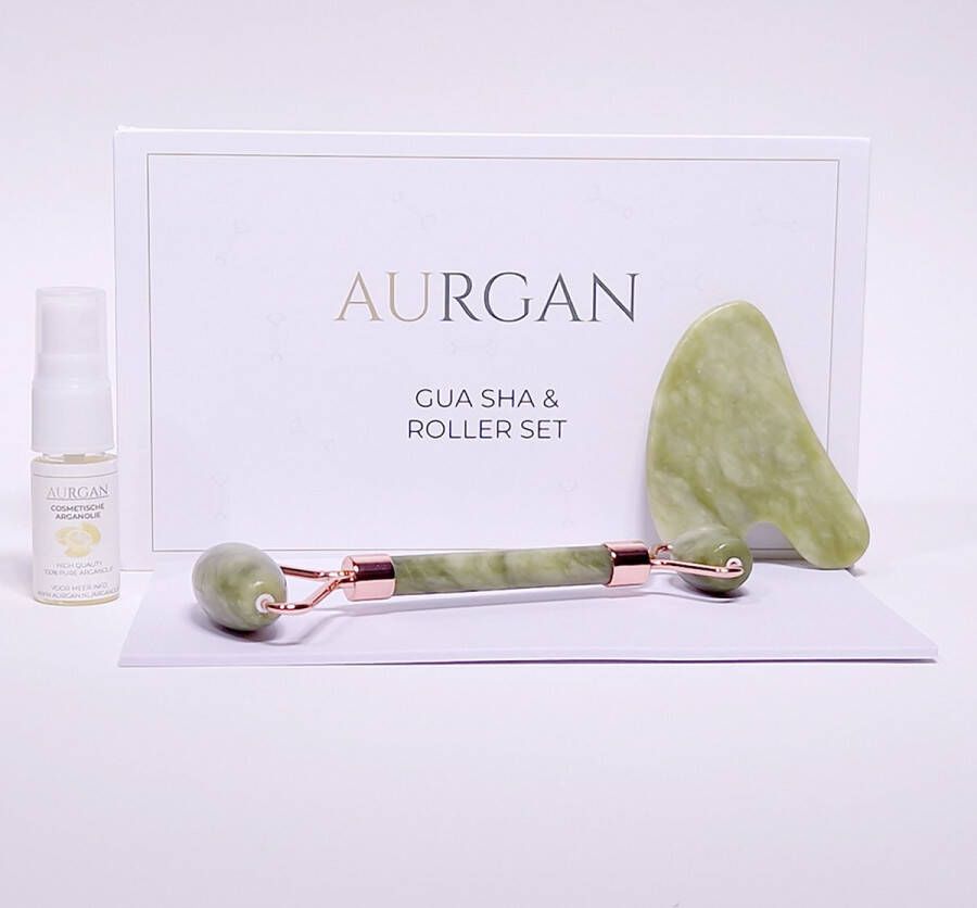 Aurgan Green Jade Roller met Groene Jade Gua Sha steen inclusief 10ml arganolie massage Stimuleert doorbloeding Anti rimpel massage Groene Jade