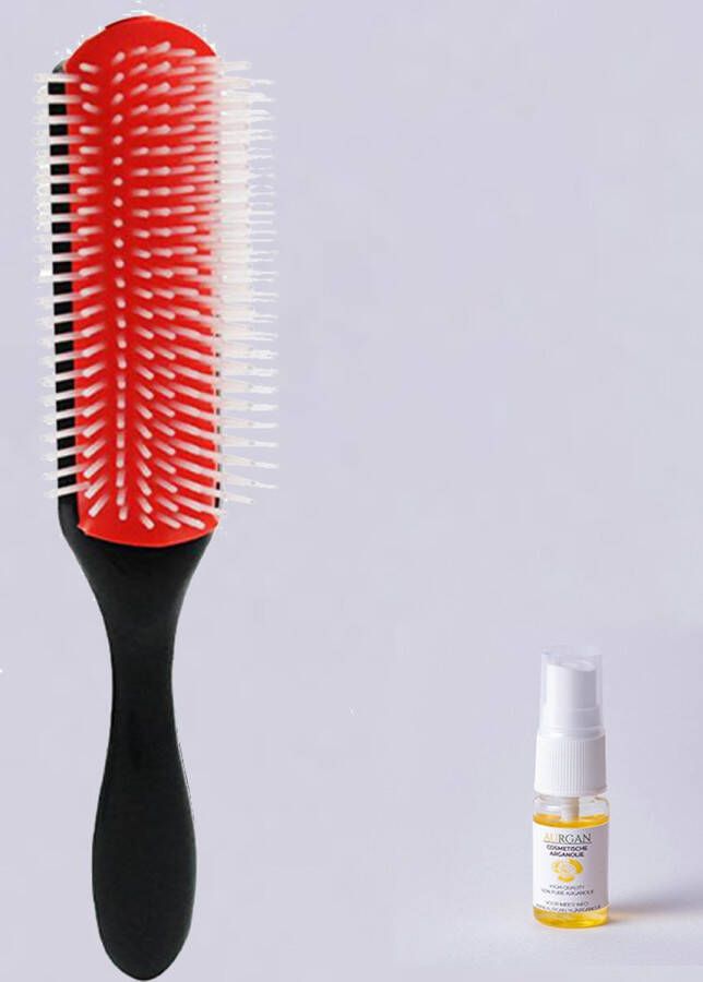 Aurgan nine-row haarborstel – 9-row rood inclusief 10 ml arganolie styling tool negen-rij kam