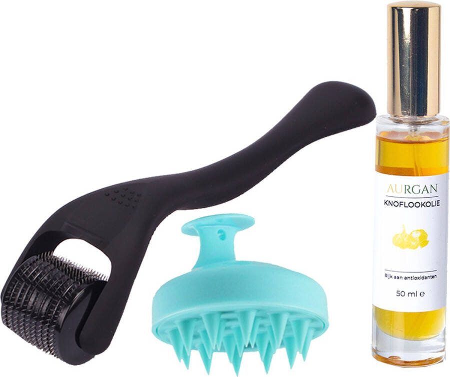 Aurgan.nl Aurgan Dermaroller & Scalp massager set – met 50ml knoflookolie