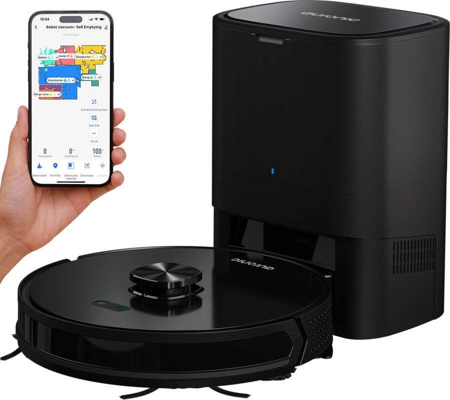 Auronic Robotstofzuiger Met Dweilfunctie WiFi en App Laadstation Huisdieren Dweilrobot Laser Navigatie Automatisch Leegstation Zwart