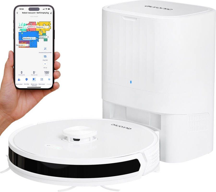 Auronic Robotstofzuiger Met Dweilfunctie WiFi en App Laadstation Huisdieren Dweilrobot Laser Navigatie Automatisch Leegstation Wit