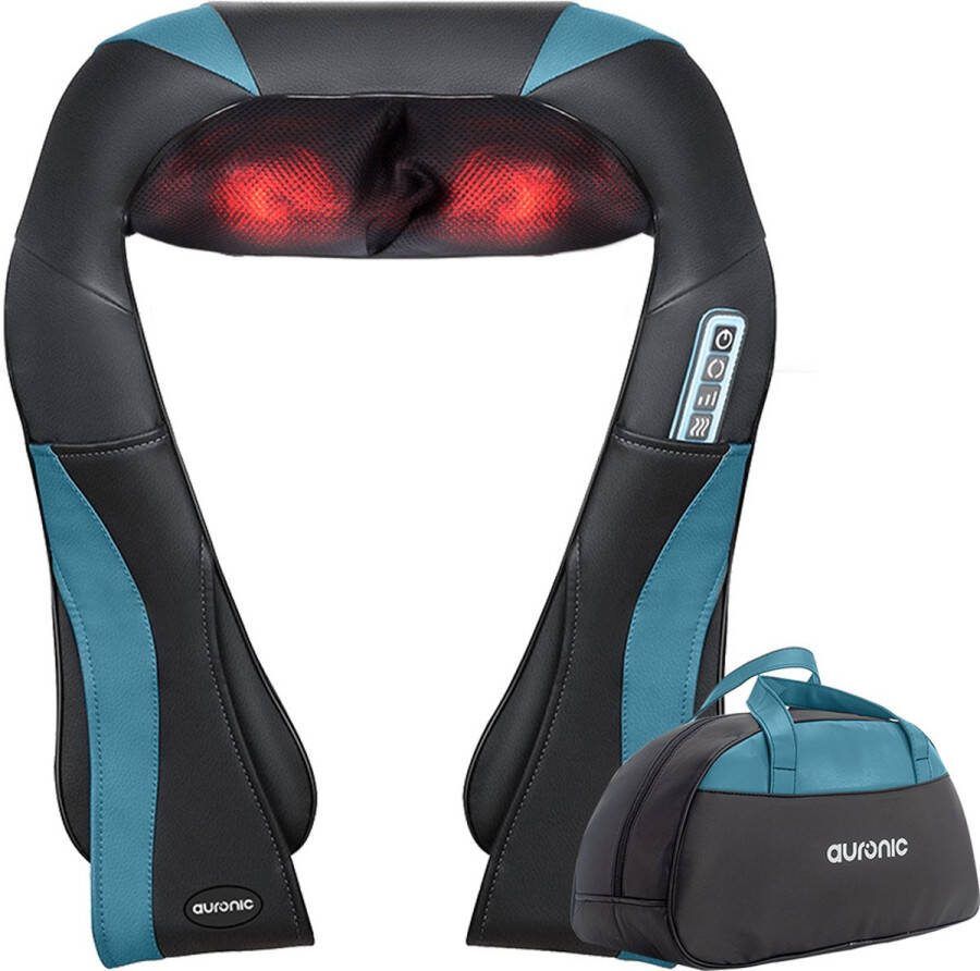 Auronic Shiatsu Massagekussen Elektrisch Nekmassage Apparaat Massage Apparaten Nek en Schouder Infrarood Inclusief Draagtas Zwart Blauw