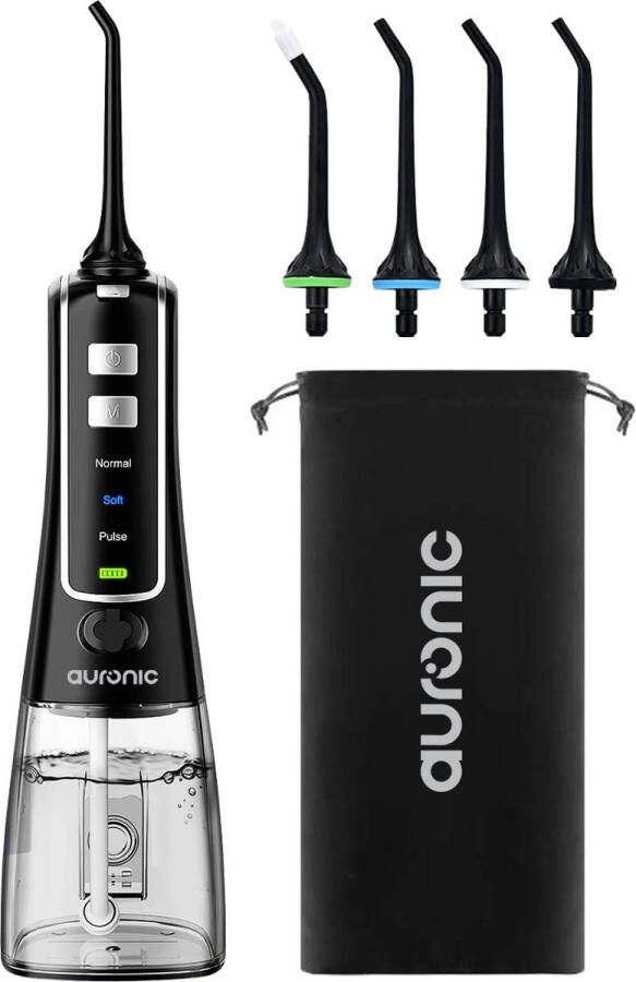 Auronic Waterflosser Elektrisch Monddouche 3 Standen 4 Opzetstukjes 300 ml Zwart