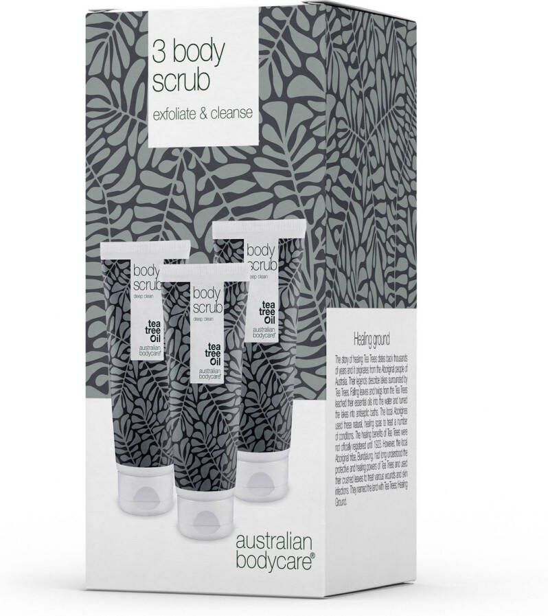 Australian Bodycare 3x Body Scrub 200ml met tea tree olie Tegen puistjes onzuivere huid ingegroeide haartjes keratosis pilaris en aardbeienpootjes 100% natuurlijk en veganistisch Dermatologisch getest