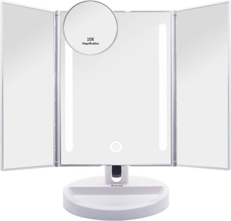 AUXENT Grote LED make-upspiegel Wit USB-oplaadbaar of batterijen Inklapbare make-up spiegel met standaard Met vergrotings spiegel 4 makeup spiegels Dimbaar touchscreen 28.5 x 33 cm Close-up reisspiegel met ledlampjes
