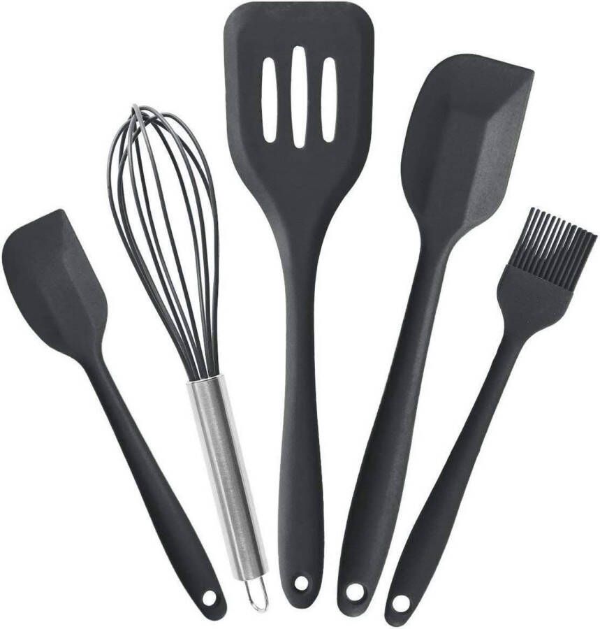 Avana Set van 5 siliconen keukengerei hittebestendig kookgerei garde spatel bakkwast spatel (zwart)