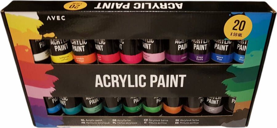 Avec Luxe Acrylverf Set- Acrylic Paint 20 x 59 ml. Acryl Verf 20 verschillende kleuren Frisse uitgesproken kleuren