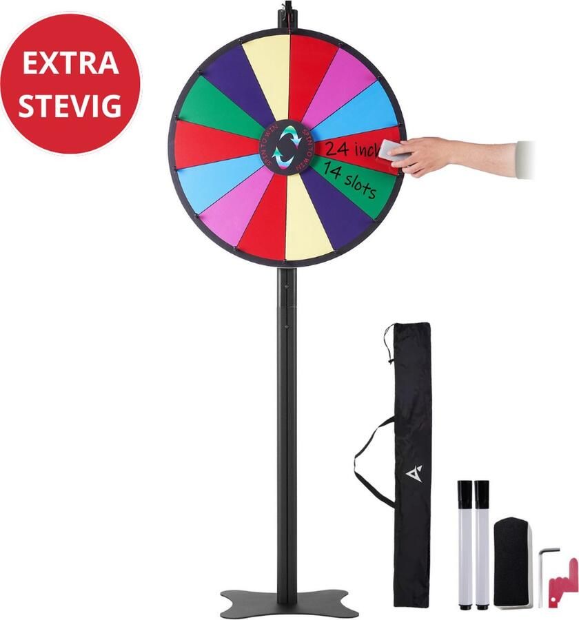 AvenaSmooth Rad van Fortuin – Ø60 cm Draaiwiel met Statief – Stevig Draairad met 14 Schrijfvakken Verstelbare Hoogte Geluksrad voor Feesten en Kansspelen Drankspel Bingo