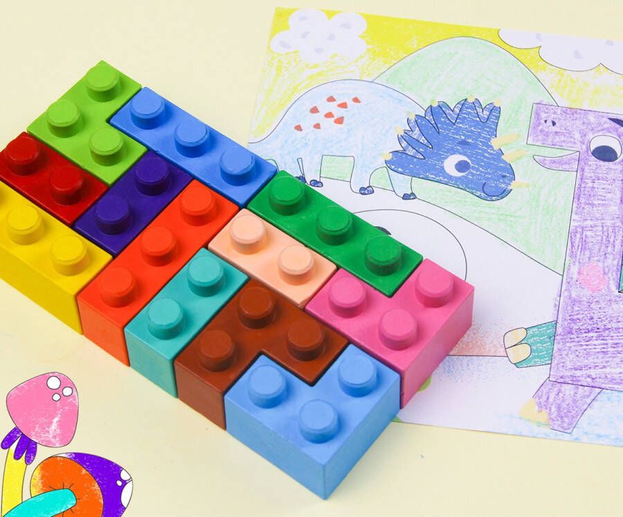 Avenir Blocks 'N Crayons: DINOSAURUS 12 kleuren en 3 blokvormen 3 kleurplaten in bijenwas (10%) in doos 3+