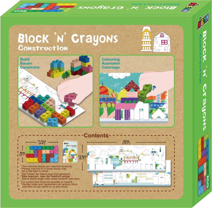 Avenir Blocks 'N Crayons: GEBOUWEN 12 kleuren en 3 blokvormen 3 kleurplaten in bijenwas (10%) in doos 3+