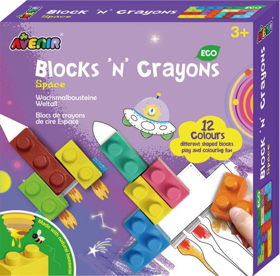 Avenir Blocks 'N Crayons: RUIMTE 12 kleuren en 3 blokvormen 3 kleurplaten in bijenwas (10%) in doos 3+