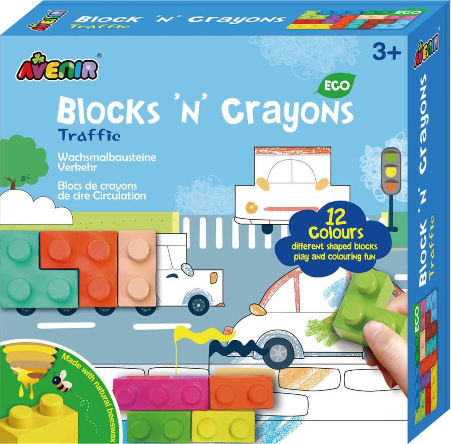 Avenir Blocks 'N Crayons: VOERTUIGEN 12 kleuren en 3 blokvormen 3 kleurplaten in bijenwas (10%) in doos 3+
