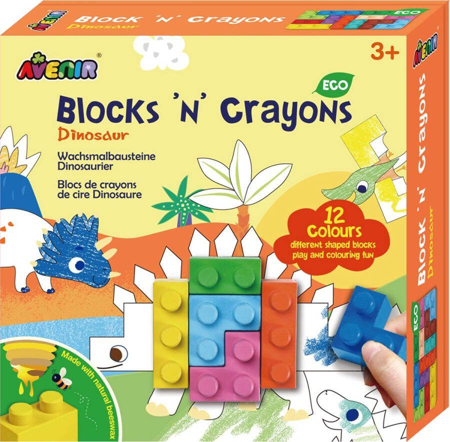 Avenir Blocks 'N Crayons: DINOSAURUS 12 kleuren en 3 blokvormen 3 kleurplaten in bijenwas (10%) in doos 3+