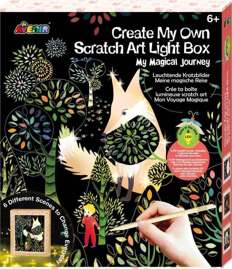Avenir Scratch: MAAK JE EIGEN LICHTDOOS MET SCRATCHPAPIER Mijn Magische Reis 24x28x4cm met LED-lichtstrip en batterijdoos; werkt op 2x1.5V AA batterijen (niet inbegrepen) 6+