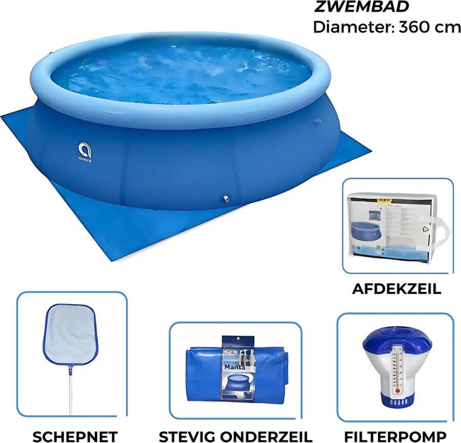 Avenli Zwembad 360cm met Filterpomp Afdekzeil Chloordrijver Schepnet en Gronddoek Complete Set