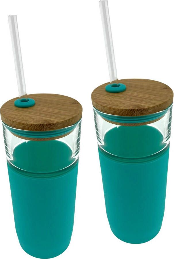 Avenue Drinkglas Met Rietje En Deksel – 19 x 8 x 8 cm 600ml – Mint 2 Stuks