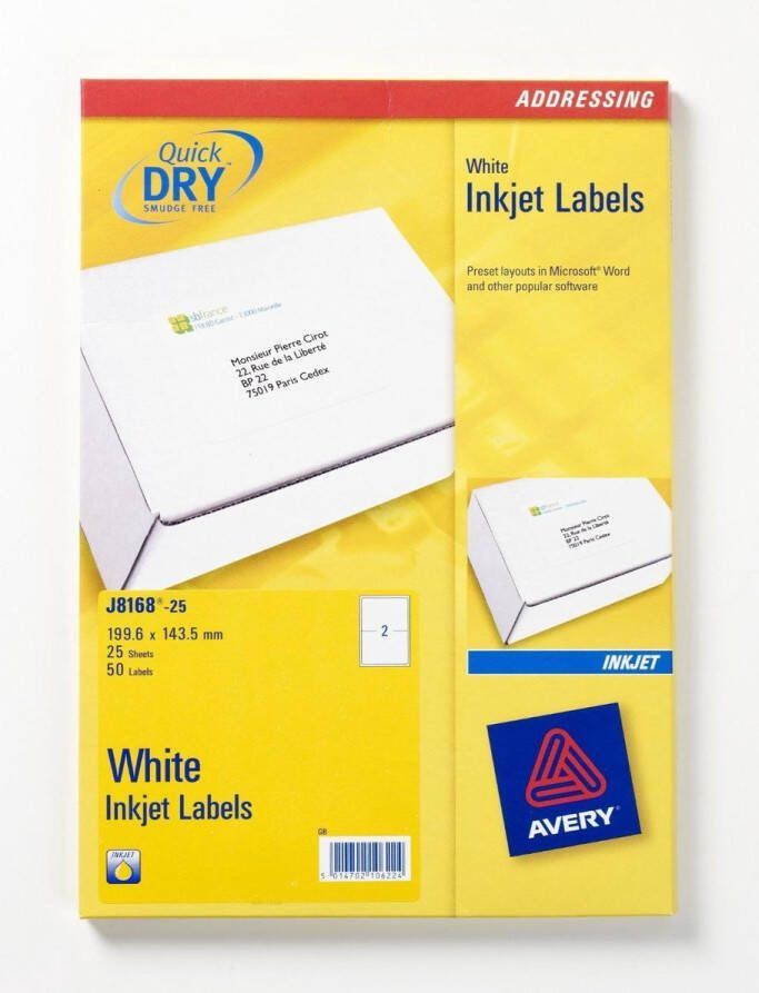 Avery Etiket j8168-25 199.6x143.5mm wit 50 stuks Pak a 25 vel 5 stuks