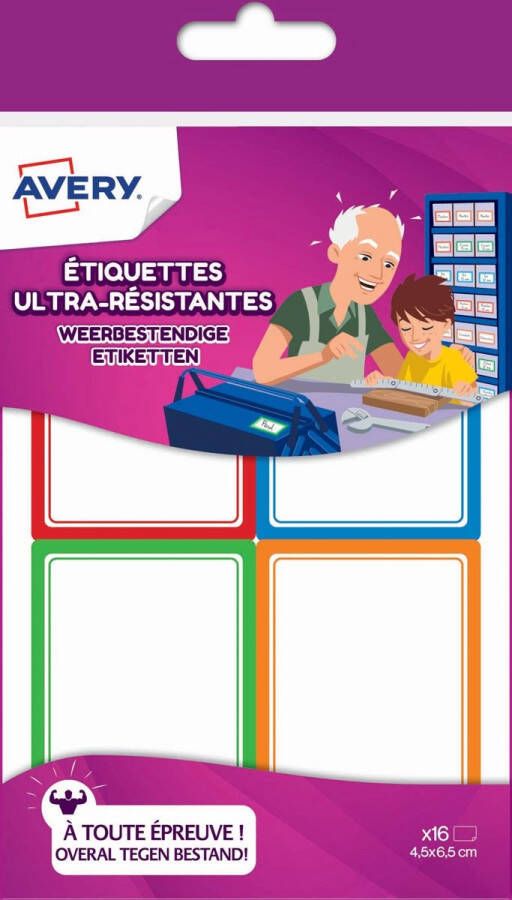 OfficeTown Avery Family Weerbestendige Etiketten Ft 4 5 X 6 5 Cm Etui Met 16 Etiketten In Geassorteerde Kleuren