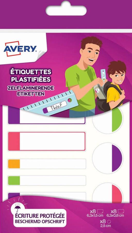 OfficeTown Avery Family Gelamineerde Etiketten Etui Met 24 Etiketten Geassorteerde Formaten En Fluo Kleuren