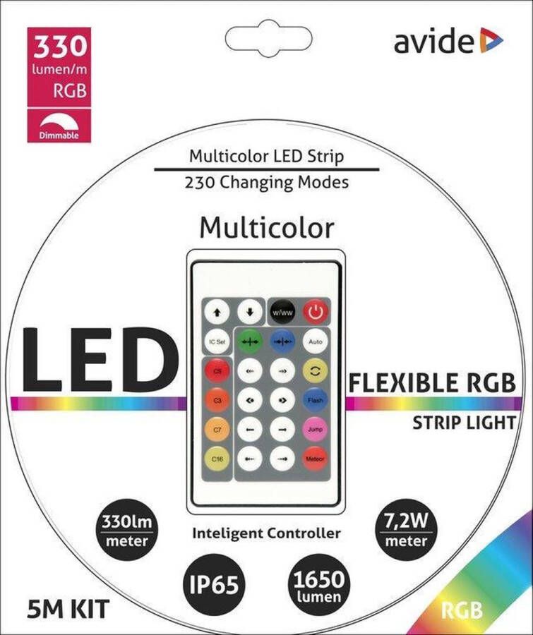 Avide LEDSTRIP SET RGB 7.2W 12V 30LED MTR 5 METER +AFSTANDBEDIENING