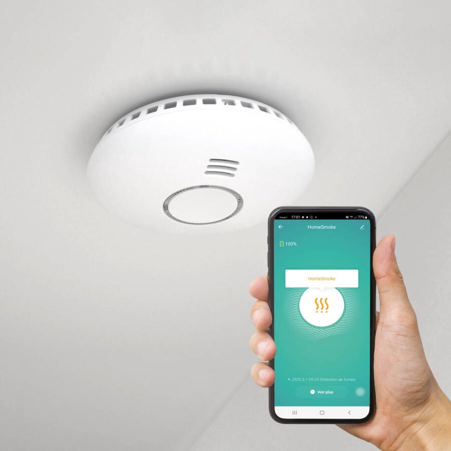 Avidsen 127065 HomeSmoke rookmelder op wifi met app Brandmelder slimme rookmelder koppelbaar met gratis app batterijen gaan 10 jaar mee compact met luide sirene werkt op wifi 90 decibel voice assistant Google Home en Amazon Alexa EN14604